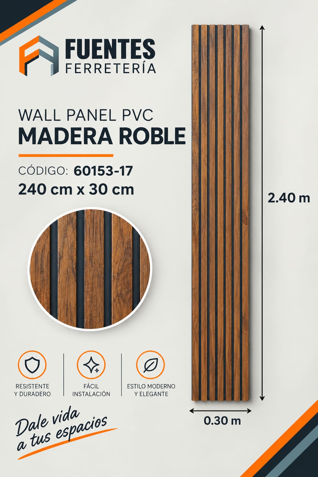 WALL PANEL 30X2.40X8.5MM MADERA ROBLE 60153-17 (8 UN)